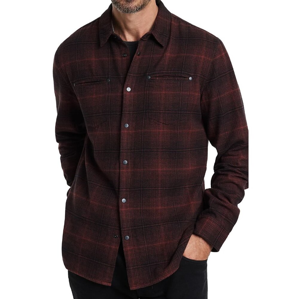 John Varvatos Men's Dario Brushed Plaid Snap Front Pockets LS Overshirt Tamarind